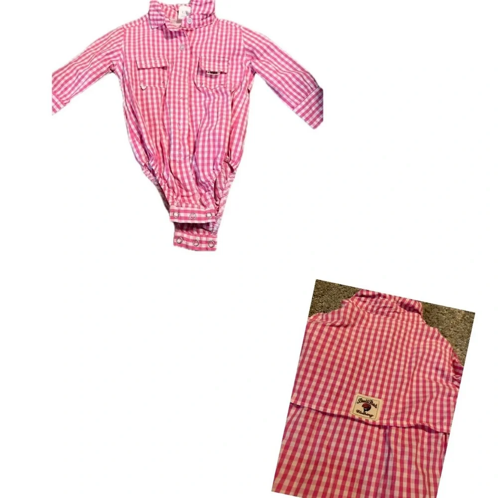 Bullred Baby Fishing Onesie Pattern Gingham 12 mo pink white